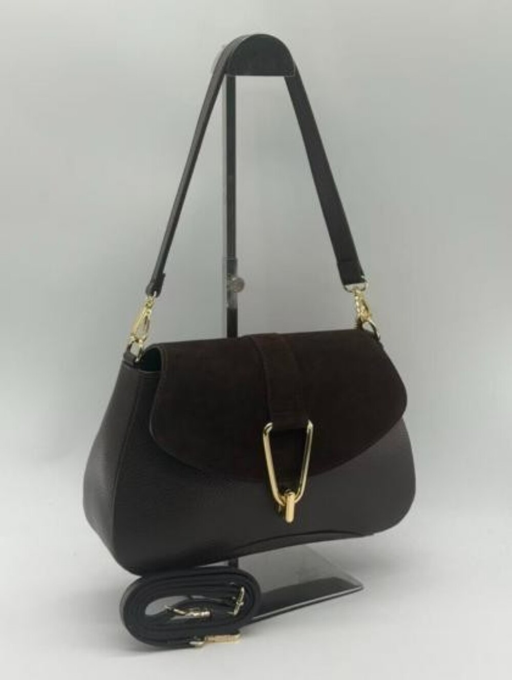 Mondo Borse Dark Brown Leather & Suede Shoulder Bag Made In Italy New